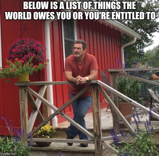 Pondering |  BELOW IS A LIST OF THINGS THE WORLD OWES YOU OR YOU'RE ENTITLED TO | image tagged in pondering | made w/ Imgflip meme maker