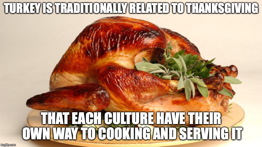 Turkey | TURKEY IS TRADITIONALLY RELATED TO THANKSGIVING; THAT EACH CULTURE HAVE THEIR OWN WAY TO COOKING AND SERVING IT | image tagged in turkey,memes,thanksgiving | made w/ Imgflip meme maker