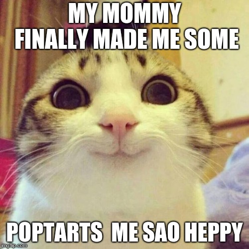 Smiling Cat | MY MOMMY FINALLY MADE ME SOME; POPTARTS 
ME SAO HEPPY | image tagged in memes,smiling cat | made w/ Imgflip meme maker