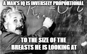 I have a theory | A MAN'S IQ IS INVERSELY PROPORTIONAL; TO THE SIZE OF THE BREASTS HE IS LOOKING AT | image tagged in it's the theory of relativity stupidnot the relativity of mo,iq,theory | made w/ Imgflip meme maker