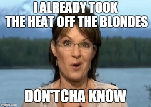Sarah Palin | I ALREADY TOOK THE HEAT OFF THE BLONDES DON'TCHA KNOW | image tagged in sarah palin | made w/ Imgflip meme maker