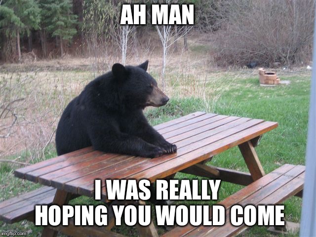 bear table | AH MAN I WAS REALLY HOPING YOU WOULD COME | image tagged in bear table | made w/ Imgflip meme maker