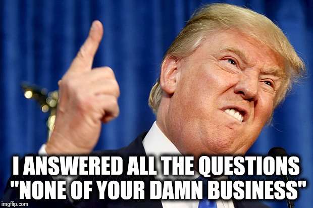 Donald Trump | I ANSWERED ALL THE QUESTIONS "NONE OF YOUR DAMN BUSINESS" | image tagged in donald trump | made w/ Imgflip meme maker