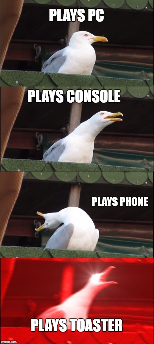 Inhaling Seagull Meme | PLAYS PC; PLAYS CONSOLE; PLAYS PHONE; PLAYS TOASTER | image tagged in memes,inhaling seagull | made w/ Imgflip meme maker