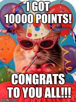 YEET!! WE DID IT BOIS! | I GOT 10000 POINTS! CONGRATS TO YOU ALL!!! | image tagged in cat celebration | made w/ Imgflip meme maker