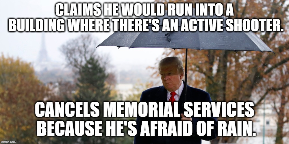 Our Bravest "President" | CLAIMS HE WOULD RUN INTO A BUILDING WHERE THERE'S AN ACTIVE SHOOTER. CANCELS MEMORIAL SERVICES BECAUSE HE'S AFRAID OF RAIN. | image tagged in donald trump,rain,treason,traitor,brave,coward | made w/ Imgflip meme maker