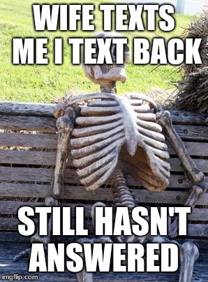 Waiting Skeleton | WIFE TEXTS ME I TEXT BACK; STILL HASN'T ANSWERED | image tagged in memes,waiting skeleton | made w/ Imgflip meme maker