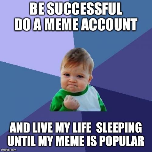 Success Kid Meme |  BE SUCCESSFUL DO A MEME ACCOUNT; AND LIVE MY LIFE  SLEEPING UNTIL MY MEME IS POPULAR | image tagged in memes,success kid | made w/ Imgflip meme maker