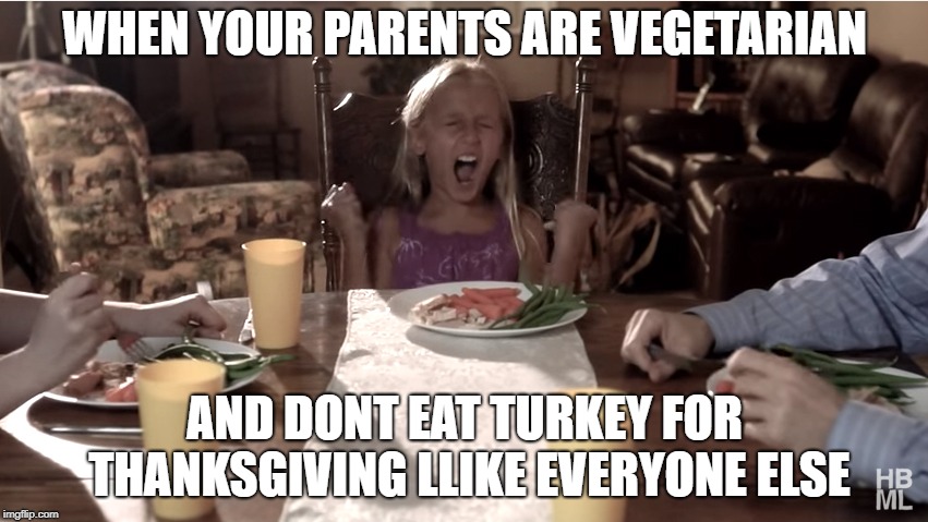 Child Tantrum Dinner Table | WHEN YOUR PARENTS ARE VEGETARIAN; AND DONT EAT TURKEY FOR THANKSGIVING LLIKE EVERYONE ELSE | image tagged in child tantrum dinner table | made w/ Imgflip meme maker