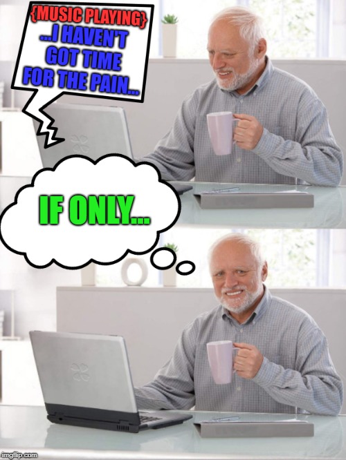 Even his computer likes to remind him of the pain. Poor Harold. | {MUSIC PLAYING}; ...I HAVEN'T GOT TIME FOR THE PAIN... IF ONLY... | image tagged in hide the pain harold playing on the computer,memes,funny,poor fellow | made w/ Imgflip meme maker