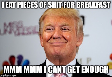 Donald trump approves | I EAT PIECES OF SHIT FOR BREAKFAST; MMM MMM I CANT GET ENOUGH | image tagged in unwanted house guest | made w/ Imgflip meme maker