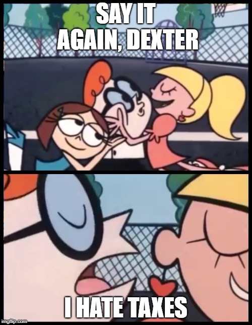Say it Again, Dexter Meme | SAY IT AGAIN, DEXTER I HATE TAXES | image tagged in say it again dexter | made w/ Imgflip meme maker