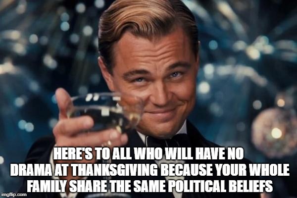 Leonardo Dicaprio Cheers Meme | HERE'S TO ALL WHO WILL HAVE NO DRAMA AT THANKSGIVING BECAUSE YOUR WHOLE FAMILY SHARE THE SAME POLITICAL BELIEFS | image tagged in memes,leonardo dicaprio cheers | made w/ Imgflip meme maker