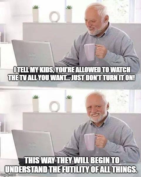 Hide the Pain Harold | I TELL MY KIDS, YOU’RE ALLOWED TO WATCH THE TV ALL YOU WANT… JUST DON’T TURN IT ON! THIS WAY THEY WILL BEGIN TO UNDERSTAND THE FUTILITY OF ALL THINGS. | image tagged in memes,hide the pain harold | made w/ Imgflip meme maker