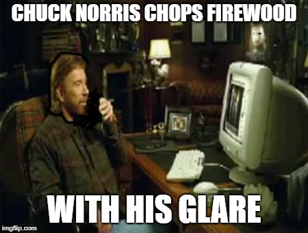 chuck norris computer | CHUCK NORRIS CHOPS FIREWOOD; WITH HIS GLARE | image tagged in chuck norris computer | made w/ Imgflip meme maker
