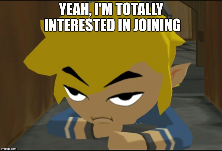 Frustrated Link | YEAH, I'M TOTALLY INTERESTED IN JOINING | image tagged in frustrated link | made w/ Imgflip meme maker