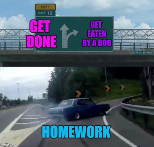 Left Exit 12 Off Ramp | GET DONE; GET EATEN BY A DOG; HOMEWORK | image tagged in memes,left exit 12 off ramp,dogs,i hate homework | made w/ Imgflip meme maker