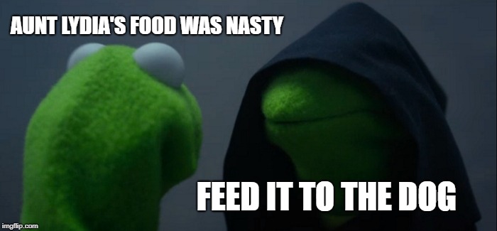 Evil Kermit | AUNT LYDIA'S FOOD WAS NASTY; FEED IT TO THE DOG | image tagged in memes,evil kermit | made w/ Imgflip meme maker