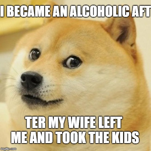 Doge Meme | I BECAME AN ALCOHOLIC AFT TER MY WIFE LEFT ME AND TOOK THE KIDS | image tagged in memes,doge | made w/ Imgflip meme maker