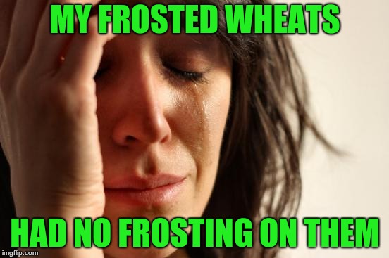 First World Problems Meme | MY FROSTED WHEATS; HAD NO FROSTING ON THEM | image tagged in memes,first world problems | made w/ Imgflip meme maker