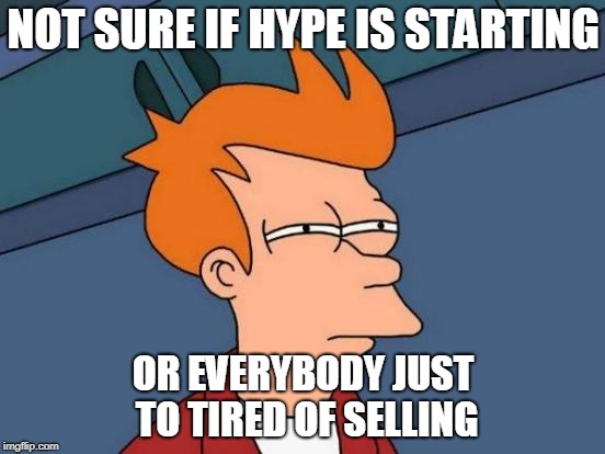 Futurama Fry Meme | NOT SURE IF HYPE IS STARTING; OR EVERYBODY JUST TO TIRED OF SELLING | image tagged in memes,futurama fry | made w/ Imgflip meme maker