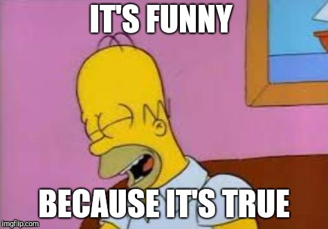 Homer Laughing | IT'S FUNNY BECAUSE IT'S TRUE | image tagged in homer laughing | made w/ Imgflip meme maker