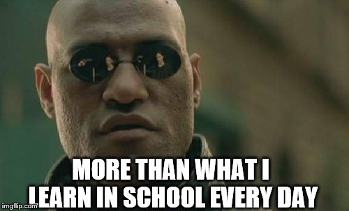 Matrix Morpheus Meme | MORE THAN WHAT I LEARN IN SCHOOL EVERY DAY | image tagged in memes,matrix morpheus | made w/ Imgflip meme maker
