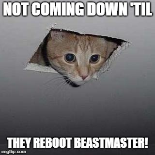 Ceiling Cat | NOT COMING DOWN 'TIL; THEY REBOOT BEASTMASTER! | image tagged in memes,ceiling cat | made w/ Imgflip meme maker