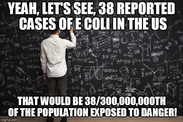 Math | YEAH, LET'S SEE, 38 REPORTED CASES OF E COLI IN THE US THAT WOULD BE 38/300,000,000TH OF THE POPULATION EXPOSED TO DANGER! | image tagged in math | made w/ Imgflip meme maker