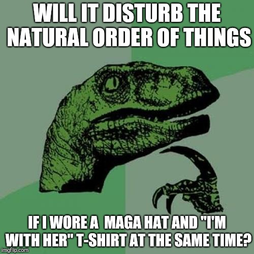 Philosoraptor | WILL IT DISTURB THE NATURAL ORDER OF THINGS; IF I WORE A  MAGA HAT AND "I'M WITH HER" T-SHIRT AT THE SAME TIME? | image tagged in memes,philosoraptor | made w/ Imgflip meme maker