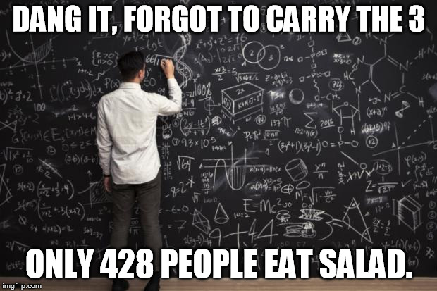 Math | DANG IT, FORGOT TO CARRY THE 3 ONLY 428 PEOPLE EAT SALAD. | image tagged in math | made w/ Imgflip meme maker