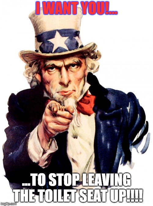 Uncle Sam | I WANT YOU!... ...TO STOP LEAVING THE TOILET SEAT UP!!!! | image tagged in memes,uncle sam | made w/ Imgflip meme maker