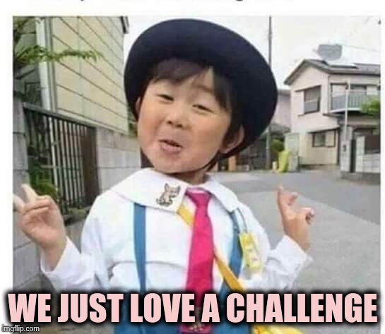 Chinese girl | WE JUST LOVE A CHALLENGE | image tagged in chinese girl | made w/ Imgflip meme maker