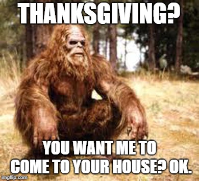 bigfoot | THANKSGIVING? YOU WANT ME TO COME TO YOUR HOUSE? OK. | image tagged in bigfoot | made w/ Imgflip meme maker
