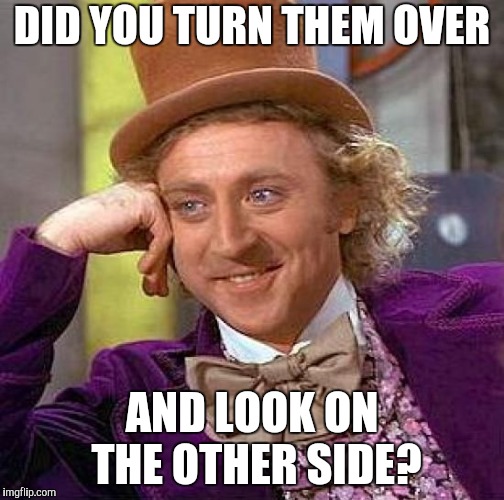Creepy Condescending Wonka Meme | DID YOU TURN THEM OVER AND LOOK ON THE OTHER SIDE? | image tagged in memes,creepy condescending wonka | made w/ Imgflip meme maker