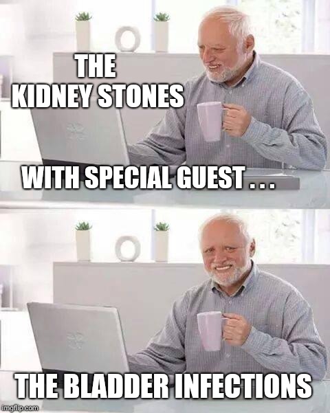 Who's playing this weekend  | THE KIDNEY STONES; WITH SPECIAL GUEST . . . THE BLADDER INFECTIONS | image tagged in memes,hide the pain harold,music,health,kidney stones,infection | made w/ Imgflip meme maker