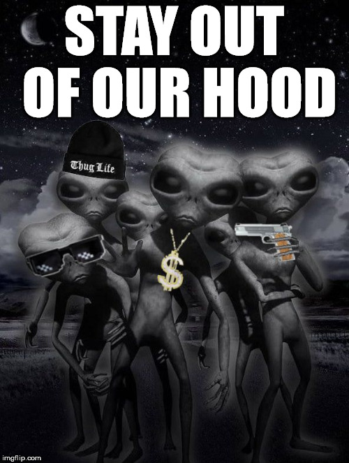 thug alien | STAY OUT OF OUR HOOD | image tagged in alien week aliens memes | made w/ Imgflip meme maker
