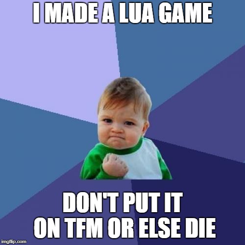 Success Kid Meme | I MADE A LUA GAME; DON'T PUT IT ON TFM OR ELSE DIE | image tagged in memes,success kid | made w/ Imgflip meme maker