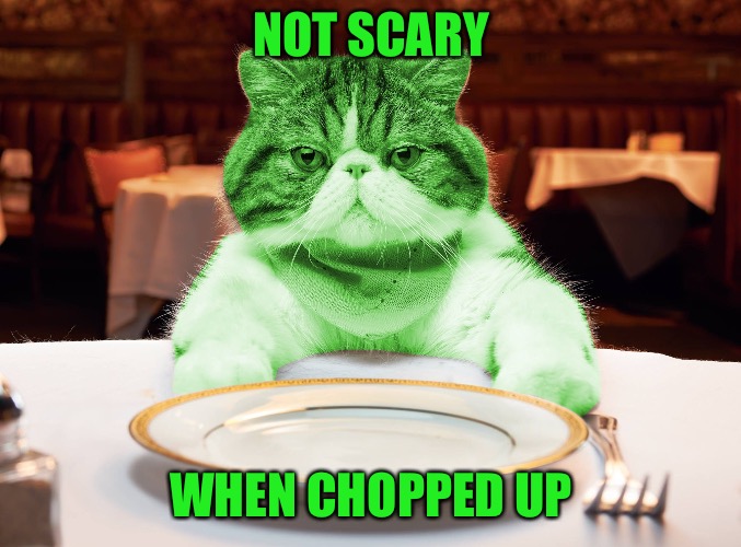 RayCat Hungry | NOT SCARY WHEN CHOPPED UP | image tagged in raycat hungry | made w/ Imgflip meme maker