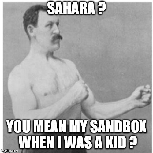 Overly Manly Man was a kid once... | SAHARA ? YOU MEAN MY SANDBOX WHEN I WAS A KID ? | image tagged in memes,overly manly man,sandbox,sahara,men,sand | made w/ Imgflip meme maker