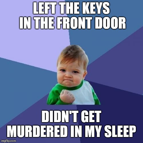 I've done this way too many times  | LEFT THE KEYS IN THE FRONT DOOR; DIDN'T GET MURDERED IN MY SLEEP | image tagged in memes,success kid | made w/ Imgflip meme maker