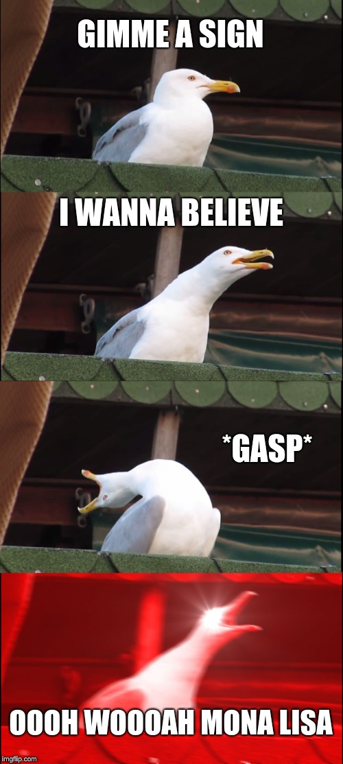 Inhaling Seagull | GIMME A SIGN; I WANNA BELIEVE; *GASP*; OOOH WOOOAH MONA LISA | image tagged in memes,inhaling seagull | made w/ Imgflip meme maker