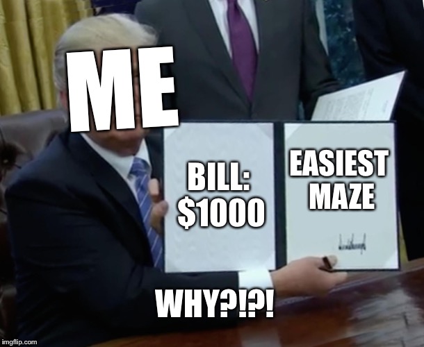 Trump Bill Signing Meme | ME; BILL: $1000; EASIEST MAZE; WHY?!?! | image tagged in memes,trump bill signing | made w/ Imgflip meme maker