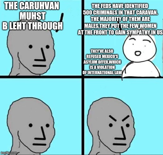 NPC Meme | THE FEDS HAVE IDENTIFIED 500 CRIMINALS IN THAT CARAVAN. THE MAJORITY OF THEM ARE MALES,THEY PUT THE FEW WOMEN AT THE FRONT TO GAIN SYMPATHY IN US; THE CARUHVAN MUHST B LEHT THROUGH; THEY'VE ALSO REFUSED MEXICO'S ASYLUM OFFER,WHICH IS A VIOLATION OF INTERNATIONAL LAW | image tagged in npc meme,caravan,illegal immigration | made w/ Imgflip meme maker