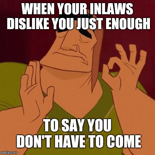 When X just right | WHEN YOUR INLAWS DISLIKE YOU JUST ENOUGH; TO SAY YOU DON'T HAVE TO COME | image tagged in when x just right | made w/ Imgflip meme maker