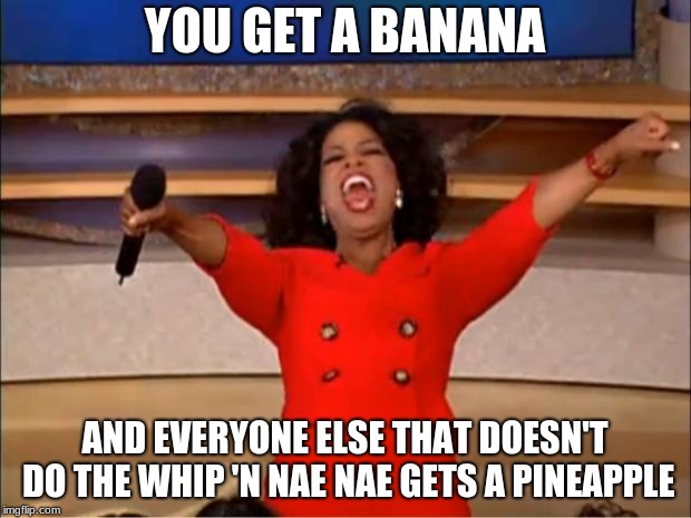 Oprah You Get A | YOU GET A BANANA; AND EVERYONE ELSE THAT DOESN'T DO THE WHIP 'N NAE NAE GETS A PINEAPPLE | image tagged in memes,oprah you get a | made w/ Imgflip meme maker
