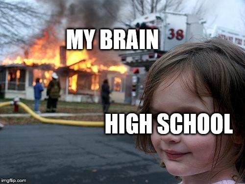 High school is bad for u! AND ME!!! | MY BRAIN; HIGH SCHOOL | image tagged in memes,disaster girl,high school,brain,funny meme,lol so funny | made w/ Imgflip meme maker