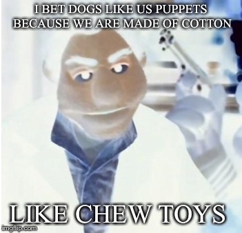 I BET DOGS LIKE US PUPPETS BECAUSE WE ARE MADE OF COTTON LIKE CHEW TOYS | made w/ Imgflip meme maker