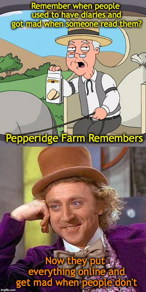 My Dear Diary |  Remember when people used to have diaries and got mad when someone read them? Pepperidge Farm Remembers; Now they put everything online and get mad when people don't | image tagged in memes,creepy condescending wonka,pepperidge farms remembers,diary | made w/ Imgflip meme maker