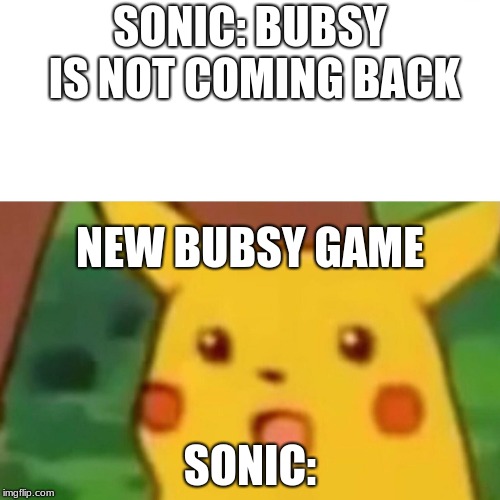 Surprised Pikachu Meme |  SONIC: BUBSY IS NOT COMING BACK; NEW BUBSY GAME; SONIC: | image tagged in memes,surprised pikachu | made w/ Imgflip meme maker